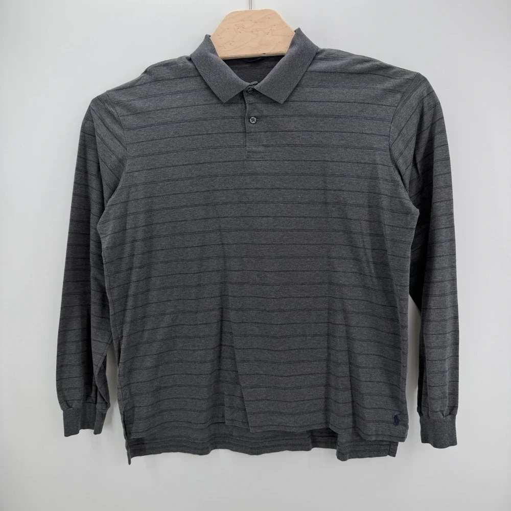 Polo Ralph Lauren Long Sleeve Polo Mens L Grey Striped Preppy Classic Logo VTG